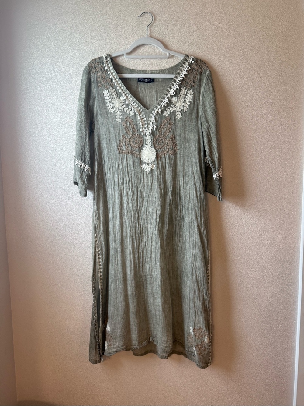 Boho Embroidered V-Neck Swim Coverup - Olive Green
